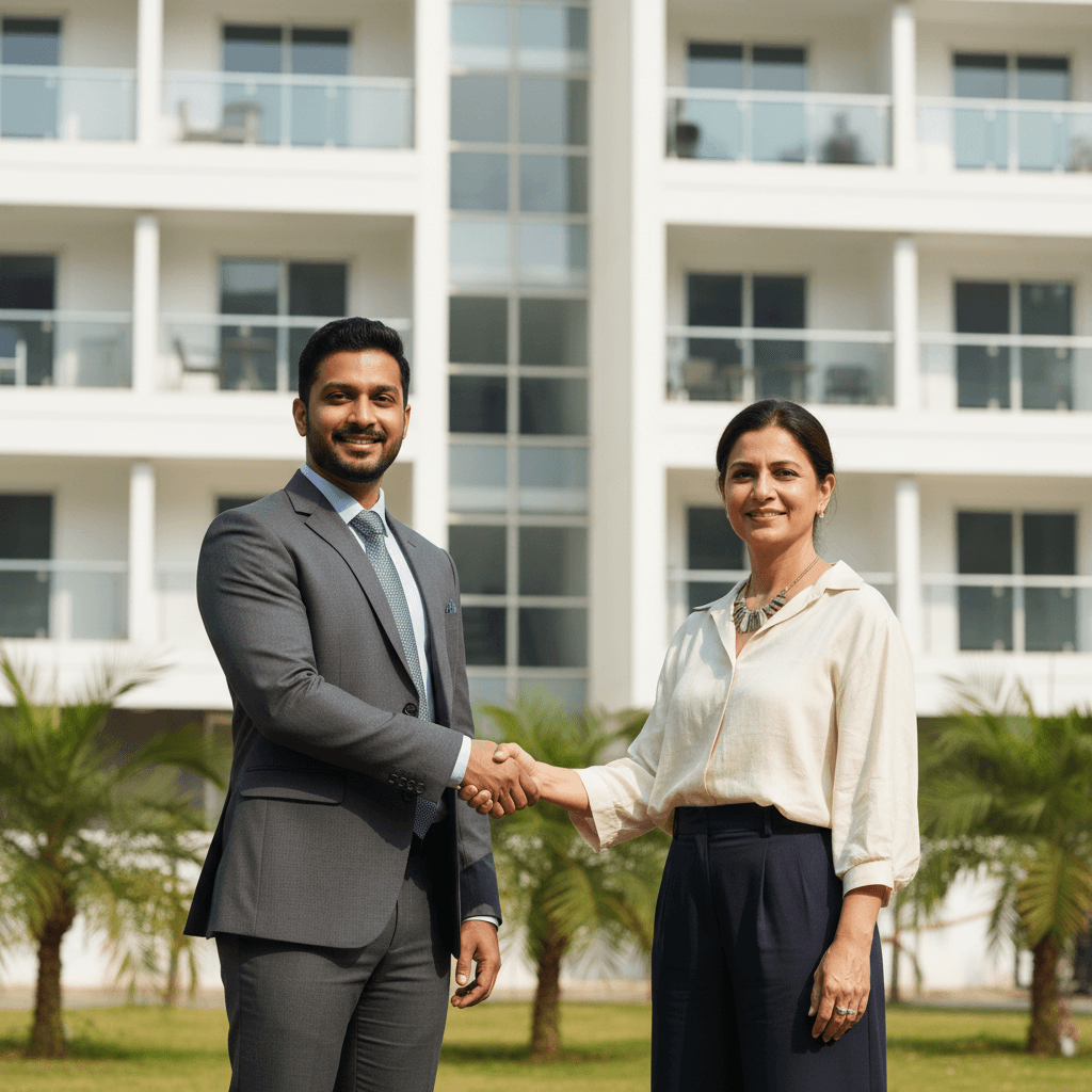 Property owner and manager shaking hands warmly in front of a modern residential building in Kerala.
