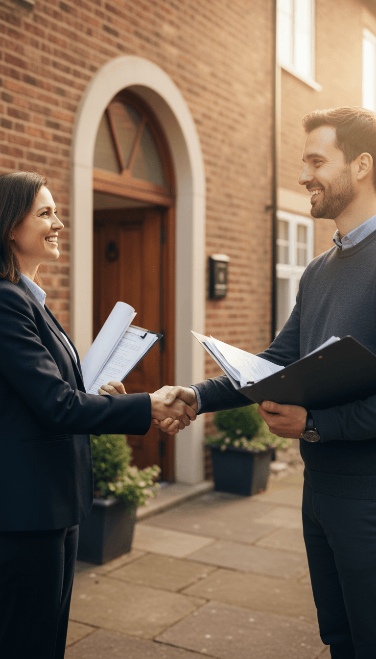 A property manager greeting a prospective tenant with paperwork