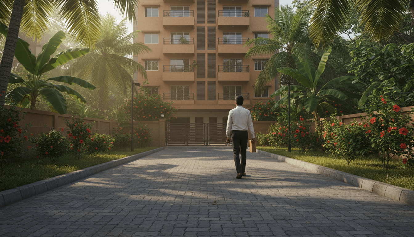 Property manager walking toward a modern apartment building on a tree-lined street in Kerala