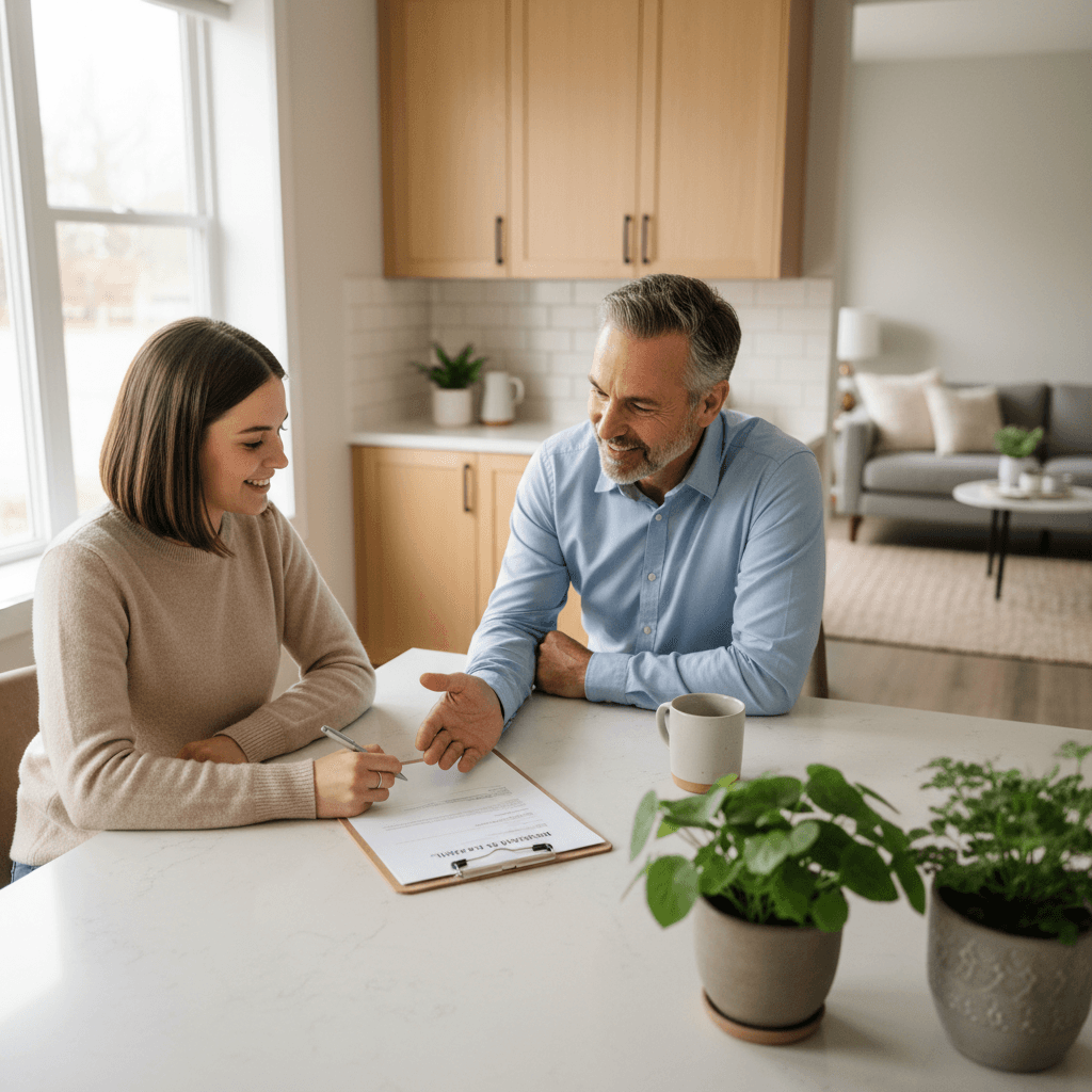 Property manager explaining document to tenant signing at kitchen counter