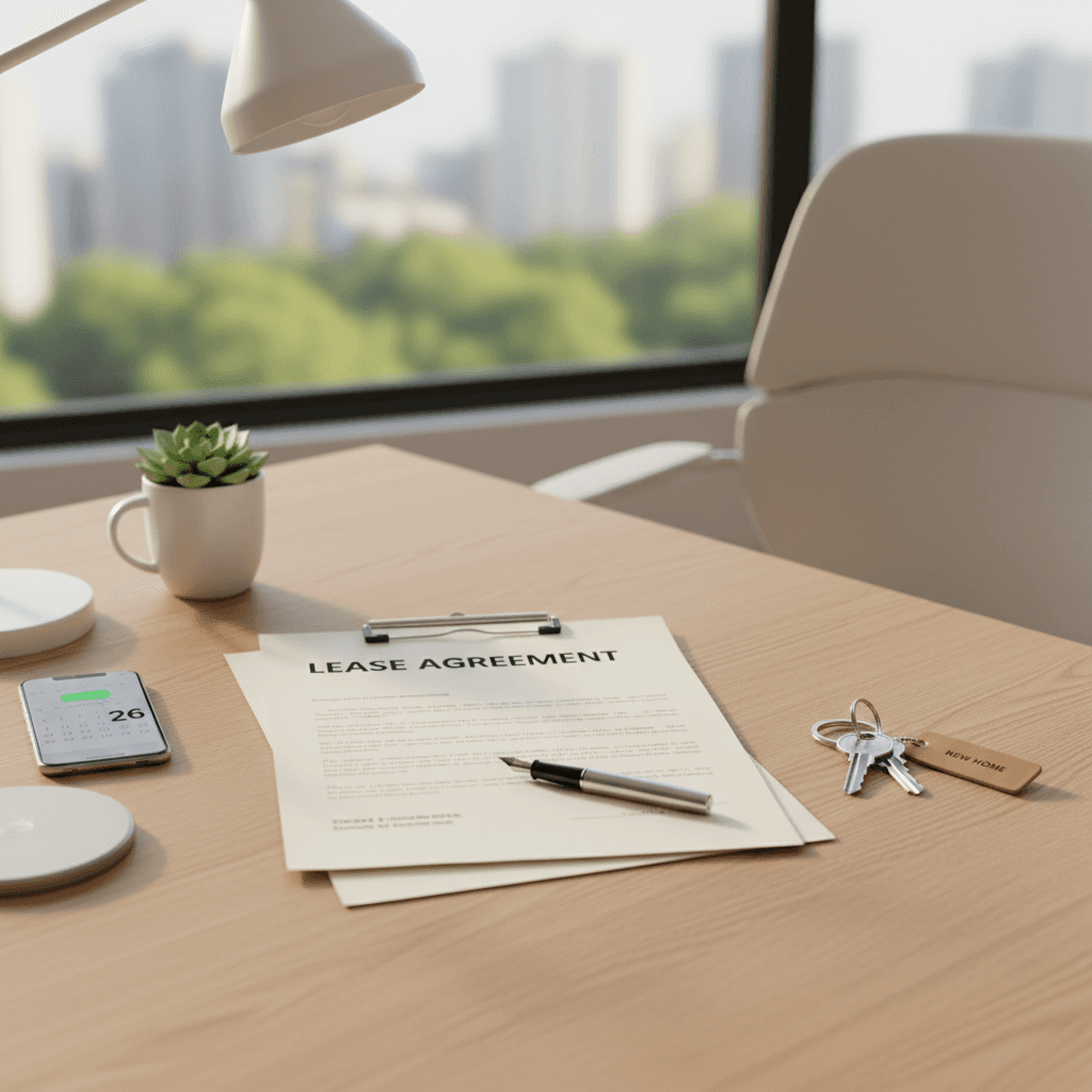 Clean organized office desk with lease documents and keys
