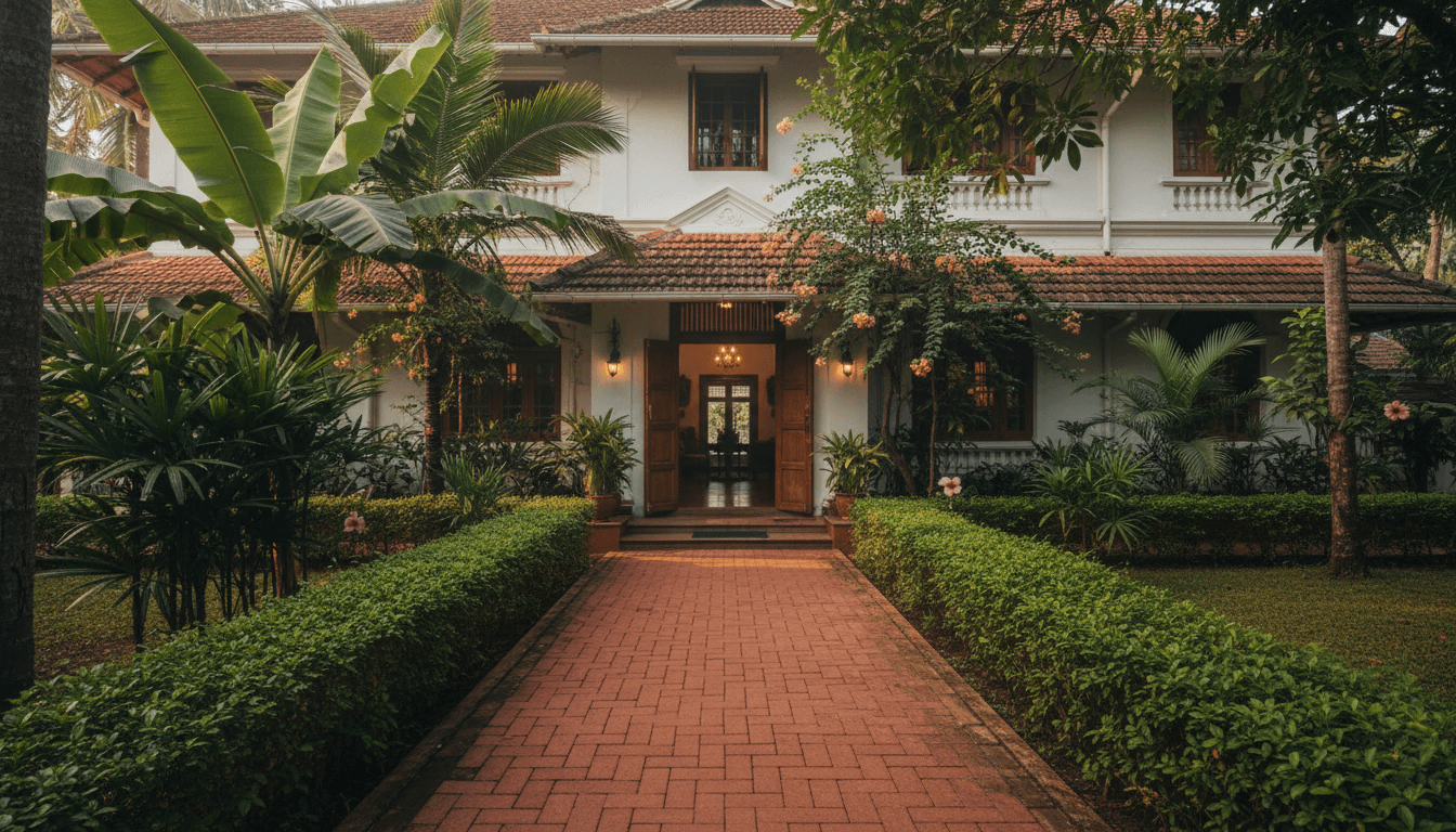 Residential property entrance in Ernakulam with tropical landscaping