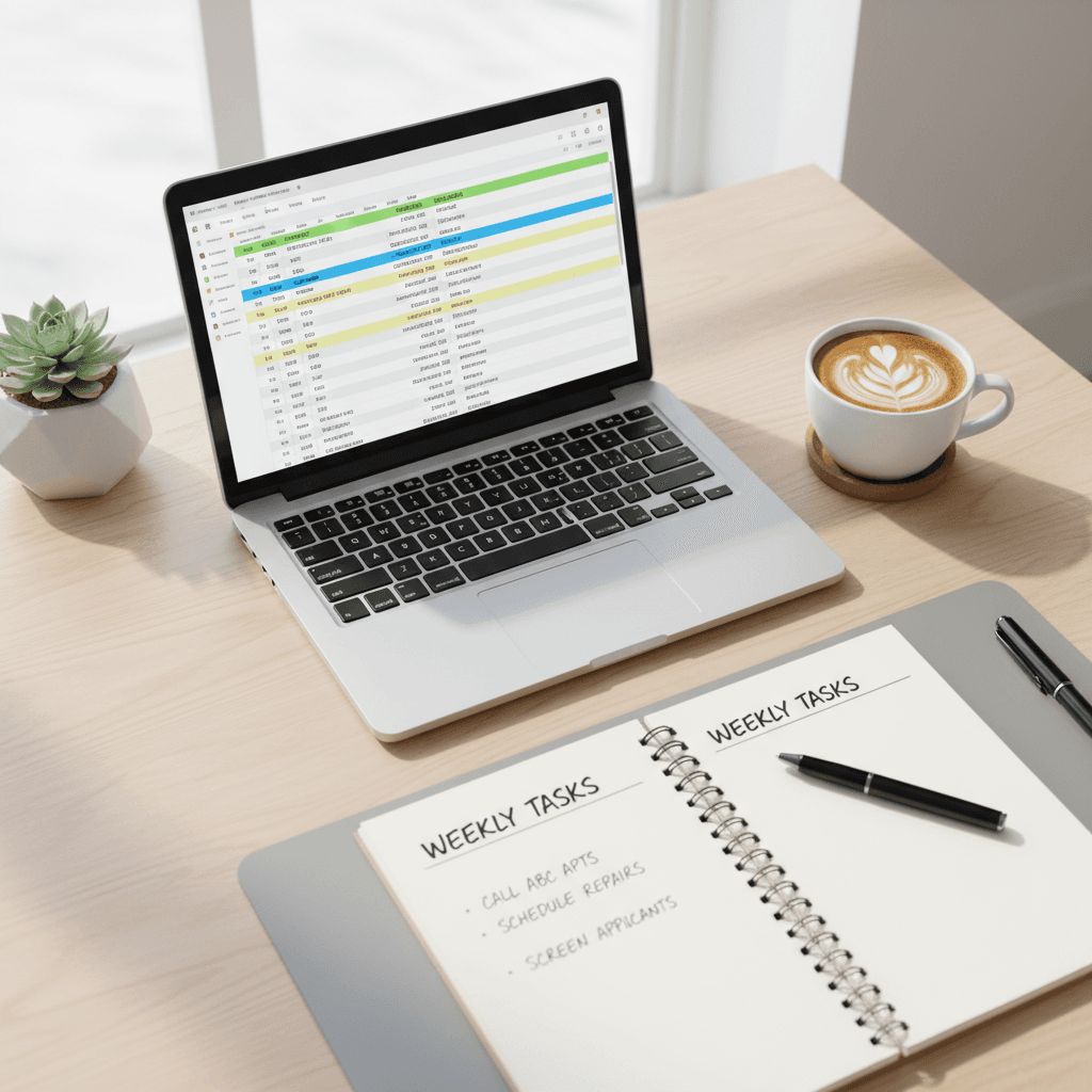Property management desk with laptop showing spreadsheet
