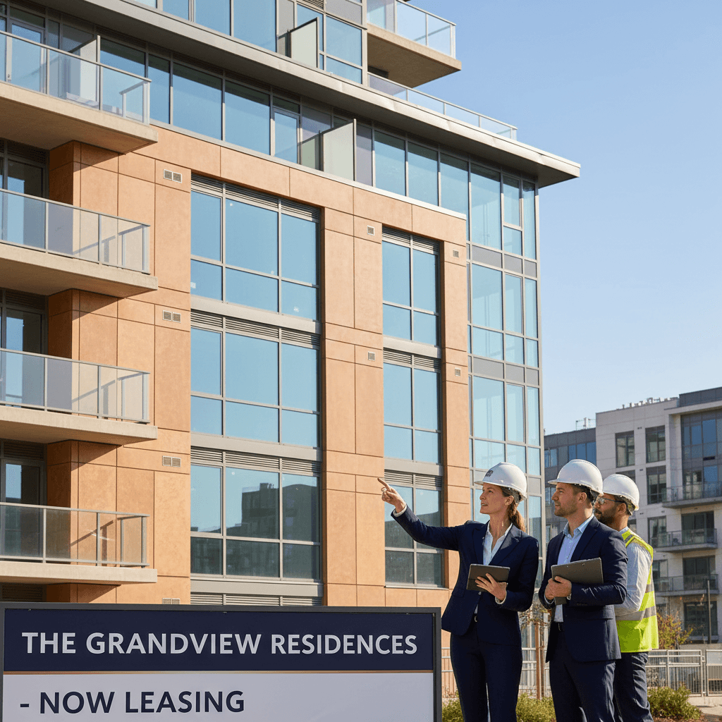 Professional property manager inspecting modern apartment building