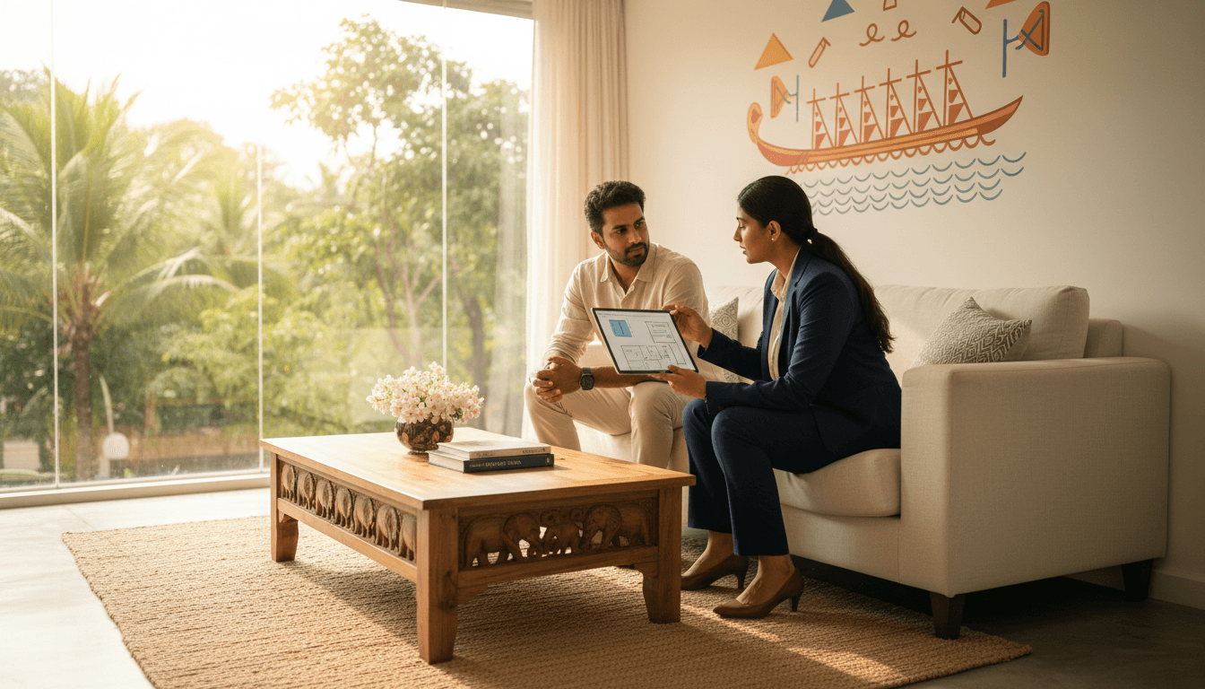 Property manager discussing plans with homeowner in a bright, modern living room in Kerala.