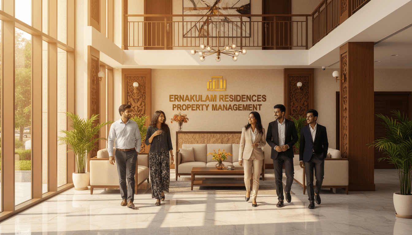 Professional property management team walking through residential apartment lobby in Ernakulam with warm natural light