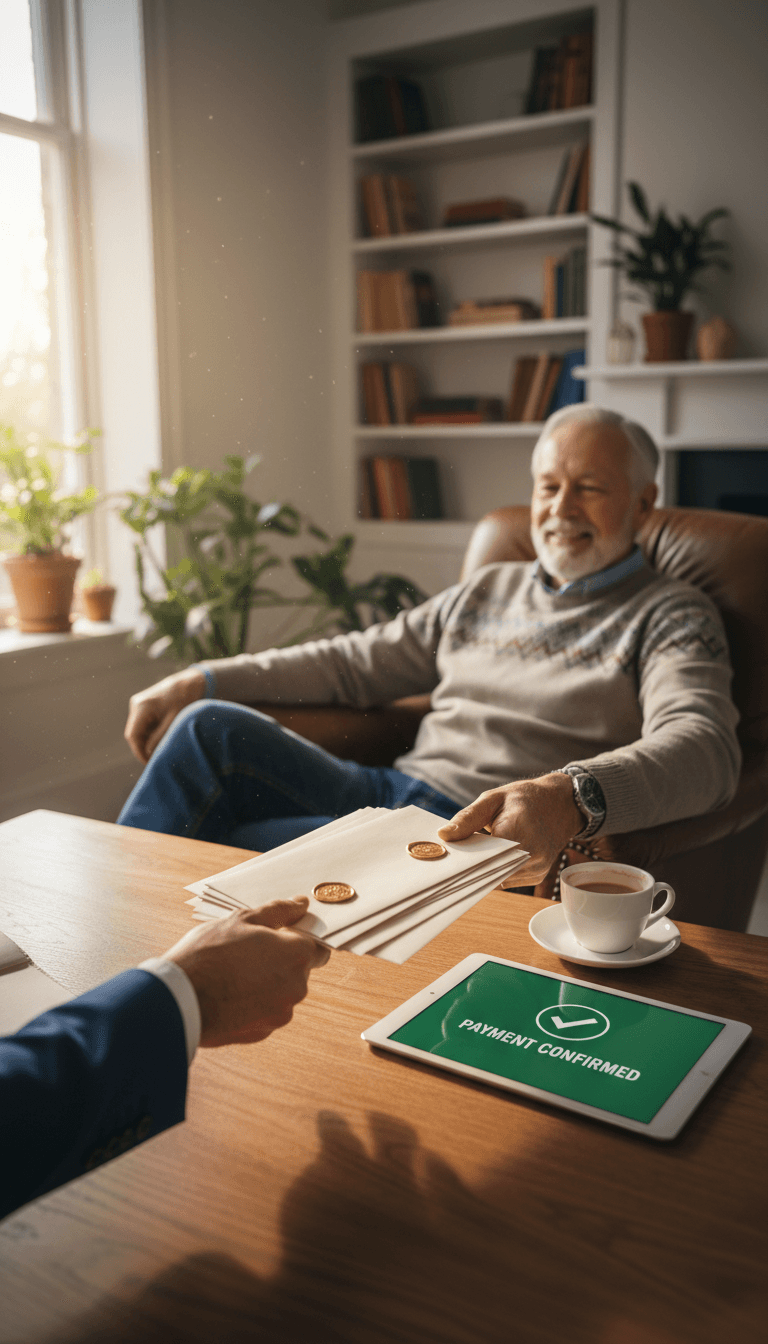 A hand passing payment confirmation to a property owner