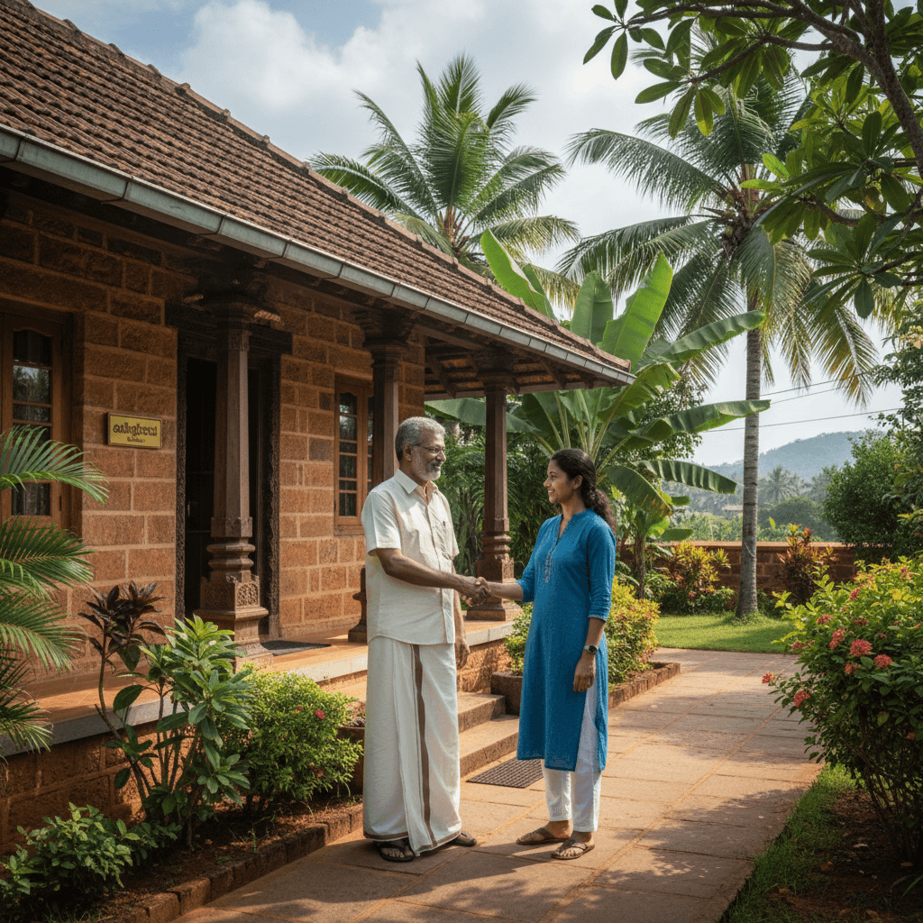 Property owner shaking hands with manager outside Kerala home