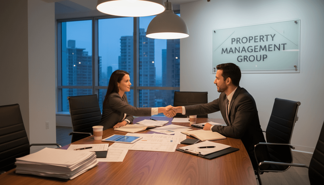property manager meeting with property owner in modern office setting with documents and warm lighting