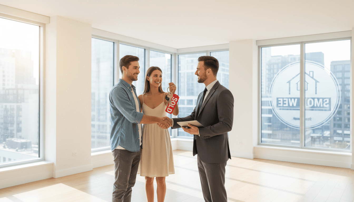 Couple shaking hands with a real estate agent in a bright apartment