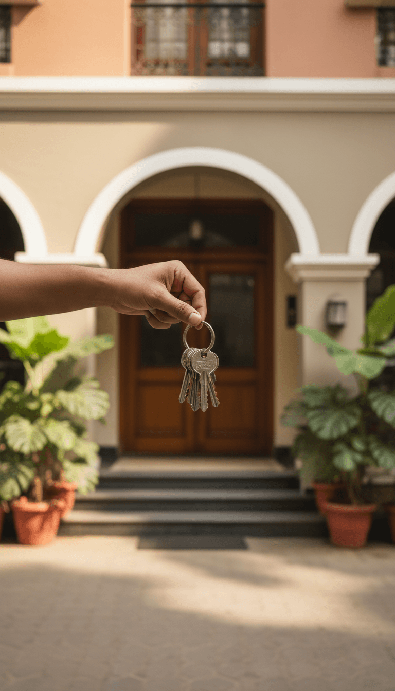 Property manager holding keys in front of an Ernakulam apartment building