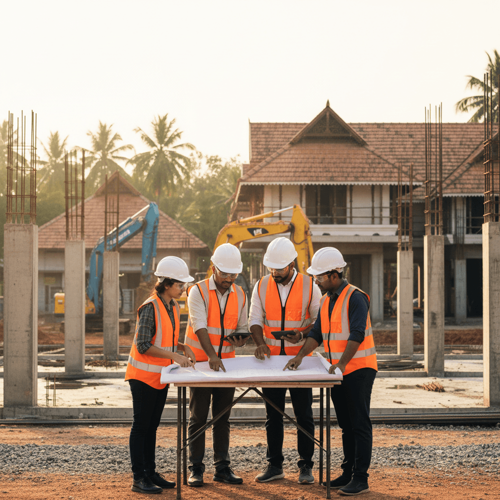 Engineers discussing blueprints at a construction site in Kerala, India, with building and machinery in the background.