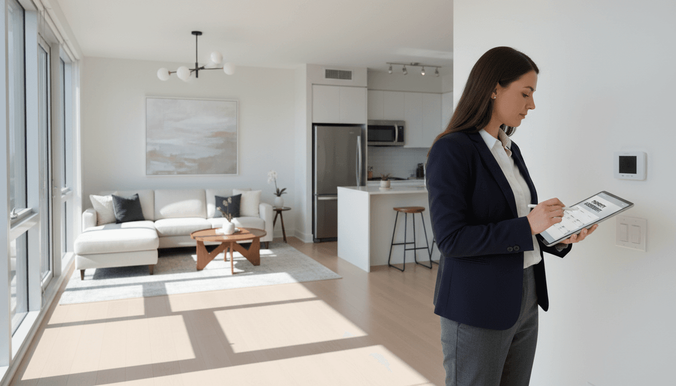 Professional property manager inspecting a hallway in a modern apartment building