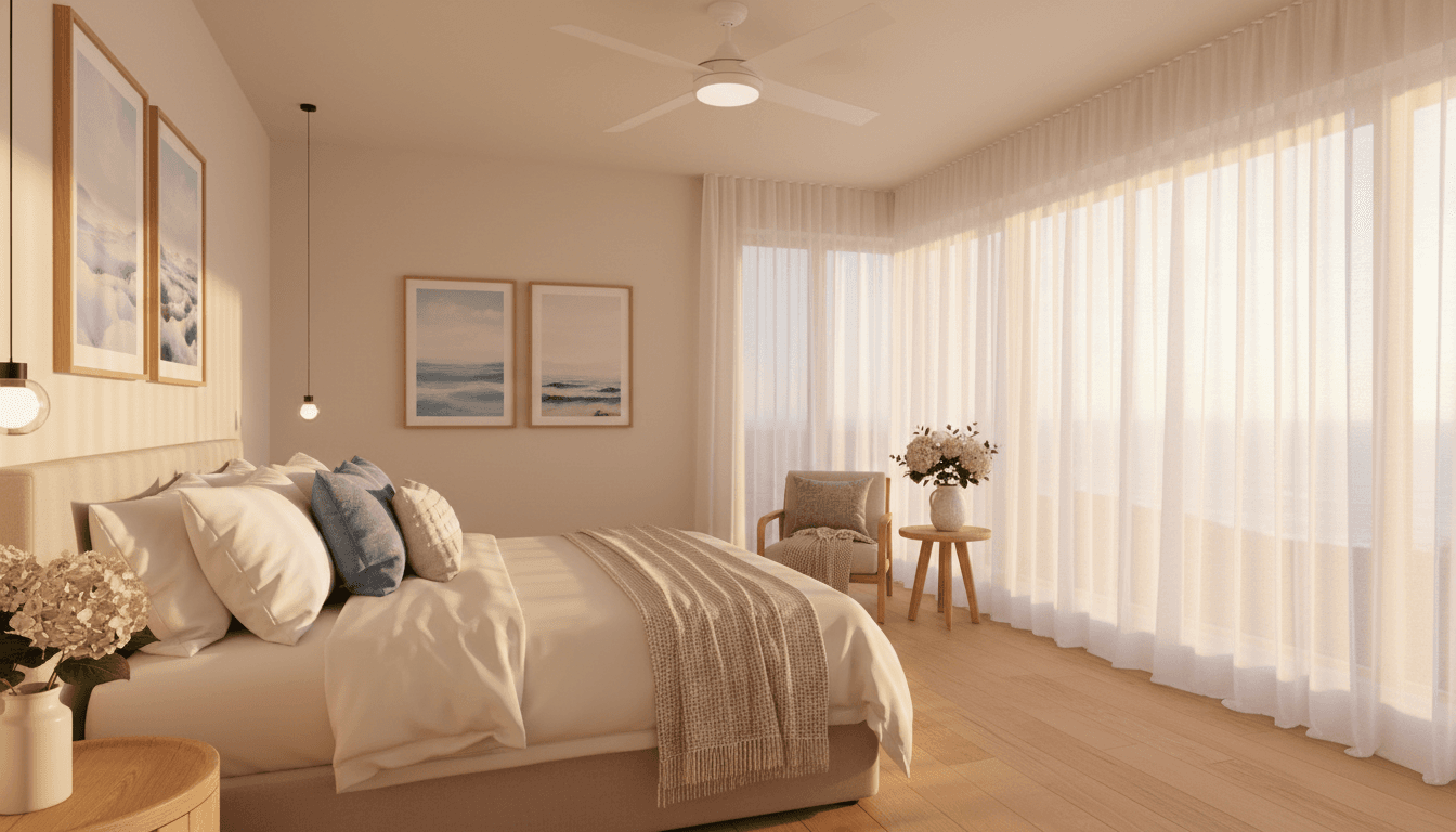Bright, airy vacation rental bedroom with ocean-view window, comfortable bed with layered linens, and warm natural afternoon light
