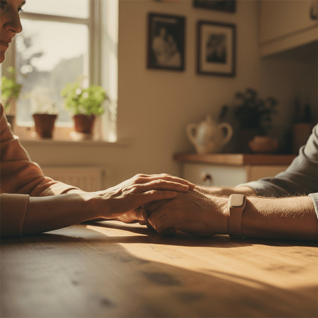 Adult daughter and elderly father holding hands at kitchen table, father wearing subtle wrist tracking device