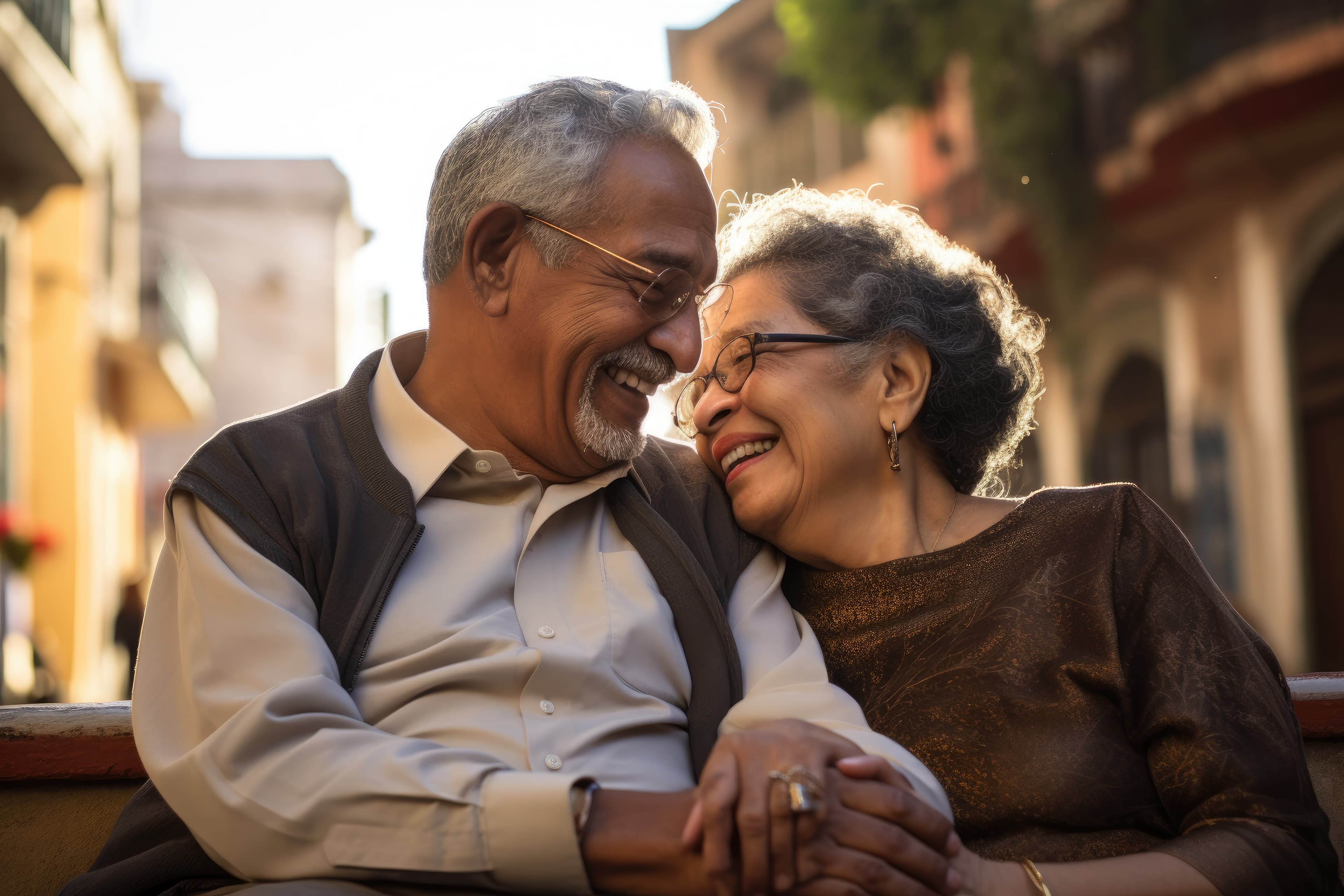 An elderly couple laughs and holds hands while sitting together in warm, golden sunlight.